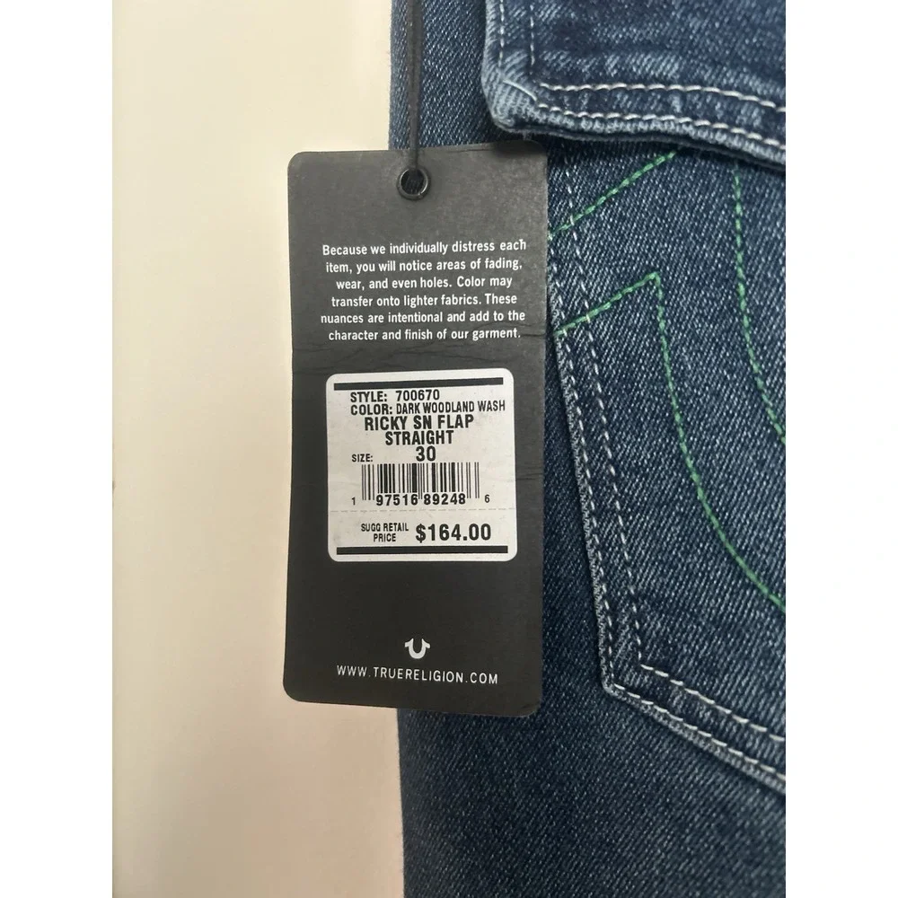 NWT True Religion Men's Ricky SN Flap Straight Dark Wash Size 30/34